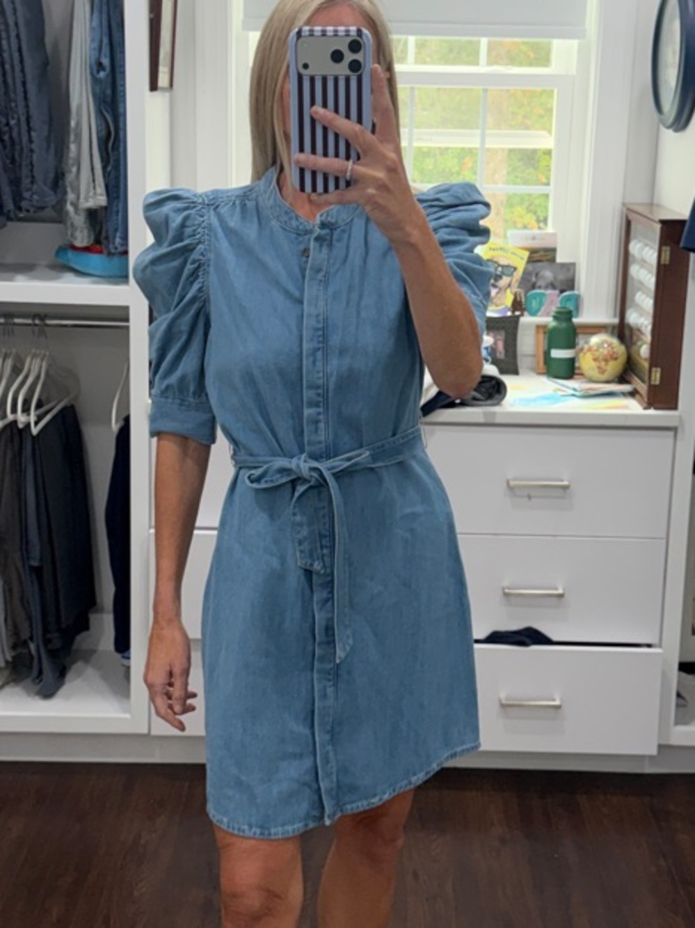 FRAME Denim Light Blue Tie-Waist Puff Sleeve Mini Dress
